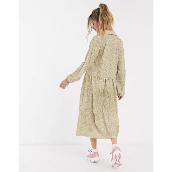 ASOS Womens long sleeve smock shirt dress 14 green ditsy Floral Maxi Cottagecore - Picture 2 of 11